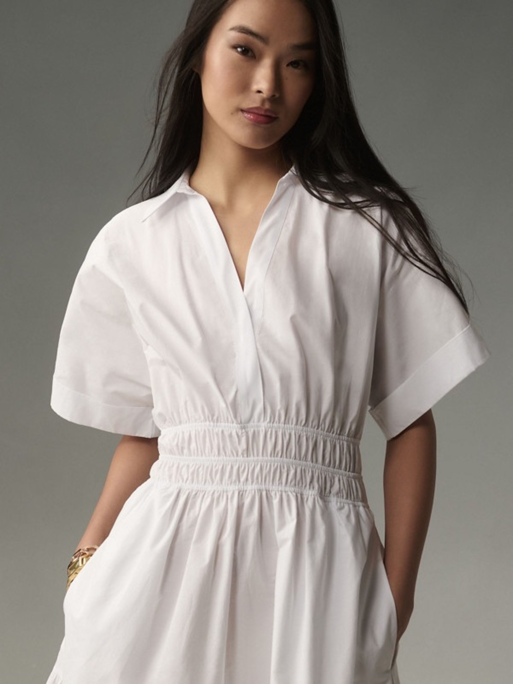 Anthropologie Somerset Maxi Shirtdress White Tiered Shirred-Waist Cotton size L - Picture 3 of 5
